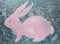 Pink rabbit on a flowery blue background. Acrylic painting