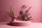 Pink radial podium with pink flowers with green leaves. Product presentation pedestal. AI generated