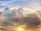 pink  rainbow at dramatic  sunset blue fluffy clouds ,bright sunbeam , cloudy sky nature landscape  background weather forecast