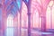 Pink, rainbow, neon church in the form of arches, in the style of cinematic sets, muted surrealism