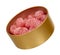 Pink raspberry candies in metal box. Delicious fruit caramel sweets in container