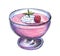 Pink Raspberry Mousse with white cream and a ripe berry on top, served in a glass cup. Sweet menu illustration with color pencils