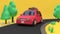 Pink-red car eco-family car style with object on country road and many tree nature,travel holiday concept 3d rendering cartoon