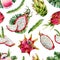 Pink red pitaya watercolor dragon fruits and tropical leaves seamless pattern with pitahaya drawings