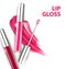 Pink and red tube lip gloss with brush on white background. Template