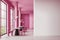 Pink restaurant interior with furniture and panoramic window, mock up wall
