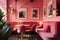 A pink restaurant with pink booths and pink chairs. Generative AI image.