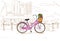 Pink Retro Bicycle with Flowers over City Sketch