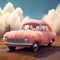 Pink retro car on the road with clouds in the sky, 3d render. Pink Vintage car on the road over background with the clouds and