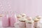 Pink retro theme dessert table birthday party