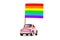 Pink retro toy car delivering bright rainbow gay flag. Concept of gay parade, LGBT community, adoption and human rights. Isolated