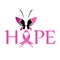 Pink ribbon with HOPE and faces of women forming butterfly to symbolize breast cancer awareness