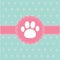 Pink ribbon and label with paw print. Card.