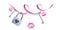 A pink ribbon with a lock, a key and kisses hanging on it. Watercolor illustration. Horizontal banner from the