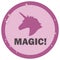 Pink road sign with outline unicorn pattern and magic inscription on white background vector