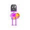 Pink robot character with bouquet of flowers in its hands, android florist or courier cartoon vector illustration