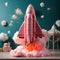 Pink rocket on in a children's room with green walls. releasing clouds of voluminous pink smoke. AI generation