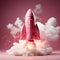 Pink rocket plain background. The shuttle takes off, releasing clouds of voluminous pink smoke. AI generation