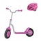 Pink roller scooter and helmet for children. Balance bike. Eco city transport. Vector kick scooter collection. Push cycle isolated