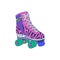 Pink roller skate quad shoe with colorful retro pattern and four green wheels