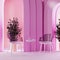 Pink room with neon lighh and arches with plant in pot, design chairs with coffee table with glasses with water, 3d rendering