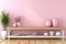 A pink room with vases and plates on a shelf. AI.