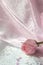 Pink rose bud on shiny pink tulle over white lace2