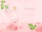 Pink rose cosmetic. Beauty ad banner. Spring flowers fragrance. Perfume display podium. Fluid bottle packaging. Plants
