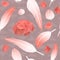 Pink rose feathers seamless pattern fluffy twirled spotted feathers and hydrangea flowers,
