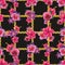 Pink rose and lily floral pattern with golden chains on black background. - illustration