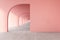 Pink, rose quartz color architectural corridor with empty wall, concrete floor, horizon line.