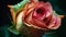 a pink rose with water droplets on it\\\'s petals and a dark background with green leaves and drops of