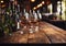 Pink rose wine glasses on large wooden table in winery vintage shop.Macro.AI Generative