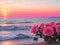 Pink roses on beach at sunset