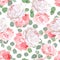 Pink roses, carnation, peony and eucaliptus leaves seamless vector pattern