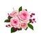 Pink roses and chamelaucium flowers in a floral arrangement
