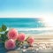 Pink roses grace wooden table against backdrop of romantic beach