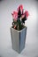 Pink Roses, Gray Ceramic Vase