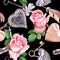 Pink roses, hearts, feathers and keys on black background. Seamless pattern. Water colour