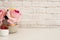 Pink Roses Mock Up. Styled Photography. Brick Wall Product Display. Strawberries On White Desk. Vase With Pink Roses. Fashion Life