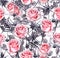 Pink roses, spiders, webs. Halloween repeating background. Watercolor