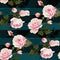 Pink roses vector seamles pattern. Realistic flowers on stripes background, floral texture