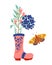 Pink rubber boots with floral bouquet and butterfly. Spring flowers in wellies. Seasonal card composition