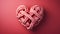 Pink sailor rope rolled into a heart shape on a solid pastel background. Heart-shaped sailor knots.