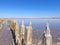 Pink salt lake and  blue sky.