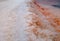 Pink salt lake. Salt industry - extraction of pink salt. Wonder of nature. The pink crust of salt on water