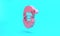 Pink Santa Claus hat and beard icon isolated on turquoise blue background. Merry Christmas and Happy New Year