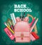 Pink satchel back to school card Vector realistic. Chalk board background. Detailed 3d illustrations