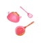 Pink saucepan, frying pan and spatula. Set of cooking utensils, kitchenware.