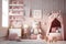 Pink scandinavian interior kids\\\' bedroom with toys an dolls AI generated